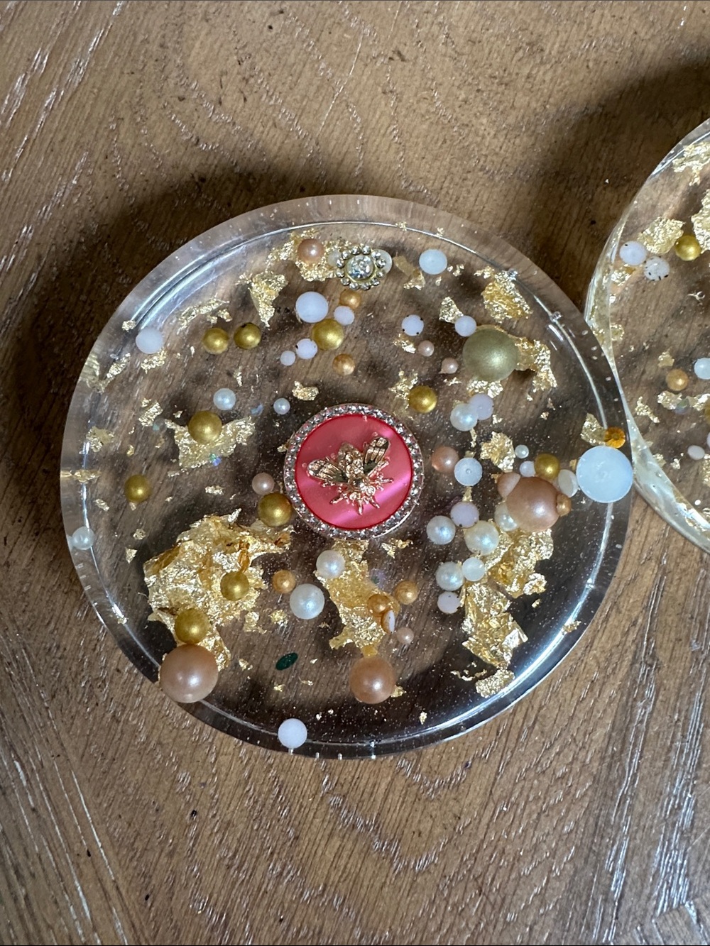 Handmade Clear Resin coasters (2) with Gold and Pink Accents - Picture 2 of 4